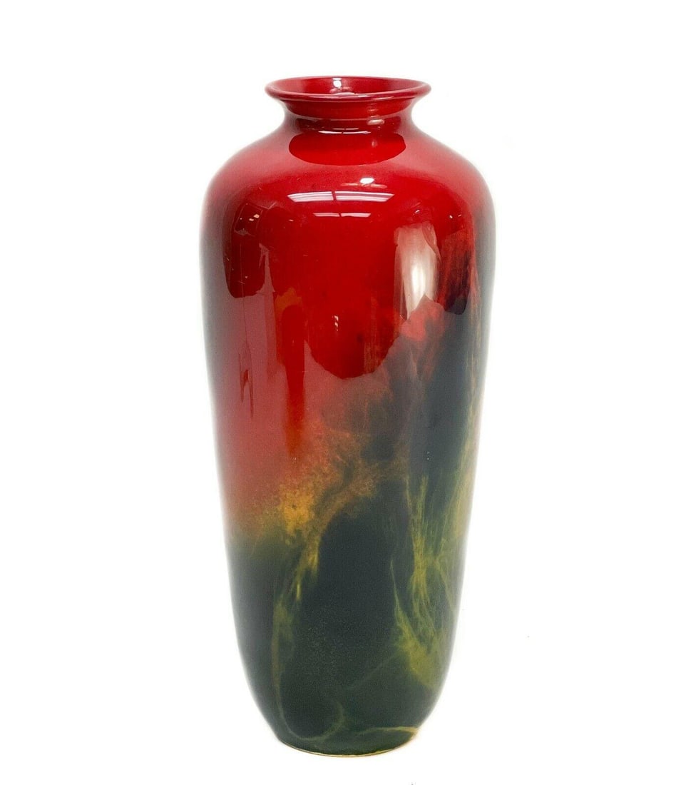 Royal Doulton England Porcelain Noke Sung Ware Flambe Vase, circa 1930: Royal Doulton England Porcelain Sung Ware Flambe vase, circa 1930. Vibrant red, blue, and yellow abstract design. Marked Royal Doulton Flambe and signatures of Sung, Noke, and "FM" for Fred Moore to u