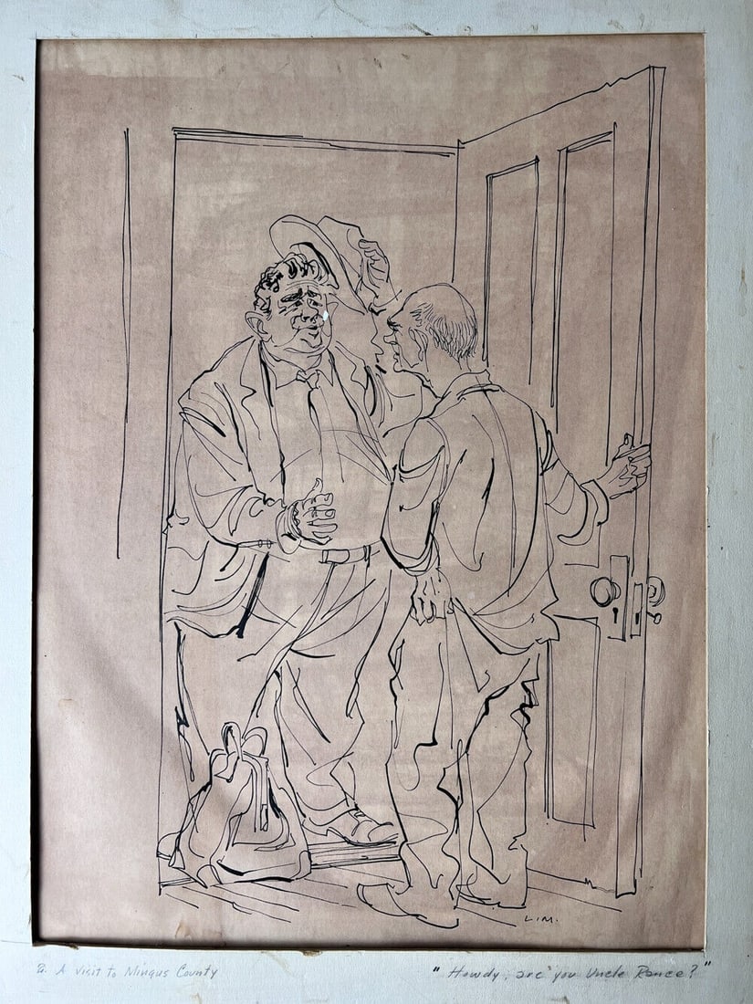 Louis Macouillard American 1918-1987 Original Ink Drawing book illustration 1960: Louis Macouillard (American 1918-1987) Ink Drawing on paper, from the book "When You Think of Me" by Erskine Caldwell. Titled '2. A Visit to Mingus County; "Howdy, are you Uncle Rance?"' Signed lower 