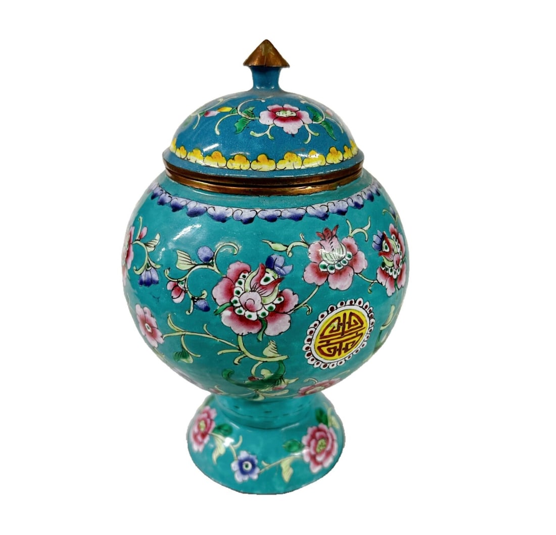 Chinese Canton Enamel on Copper Urn, turquoise blue floral. c20th century (1 of 7)