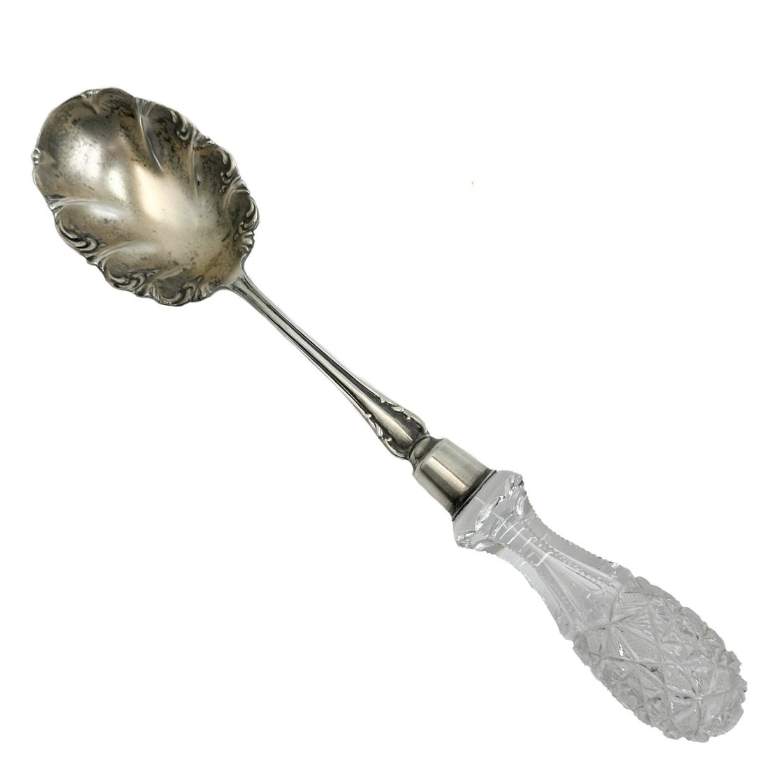 Watrous Mfg Co American Sterling Silver Cut Crystal Handle Berry Serving Spoon: Watrous Mfg Co American Sterling Silver and Cut Crystal Handle Berry Serving Spoon, 2nd quarter 20th century. Weight: Approx. 5.5 gross ozt Measurements: Approx. 11 inches length Condition: Great over