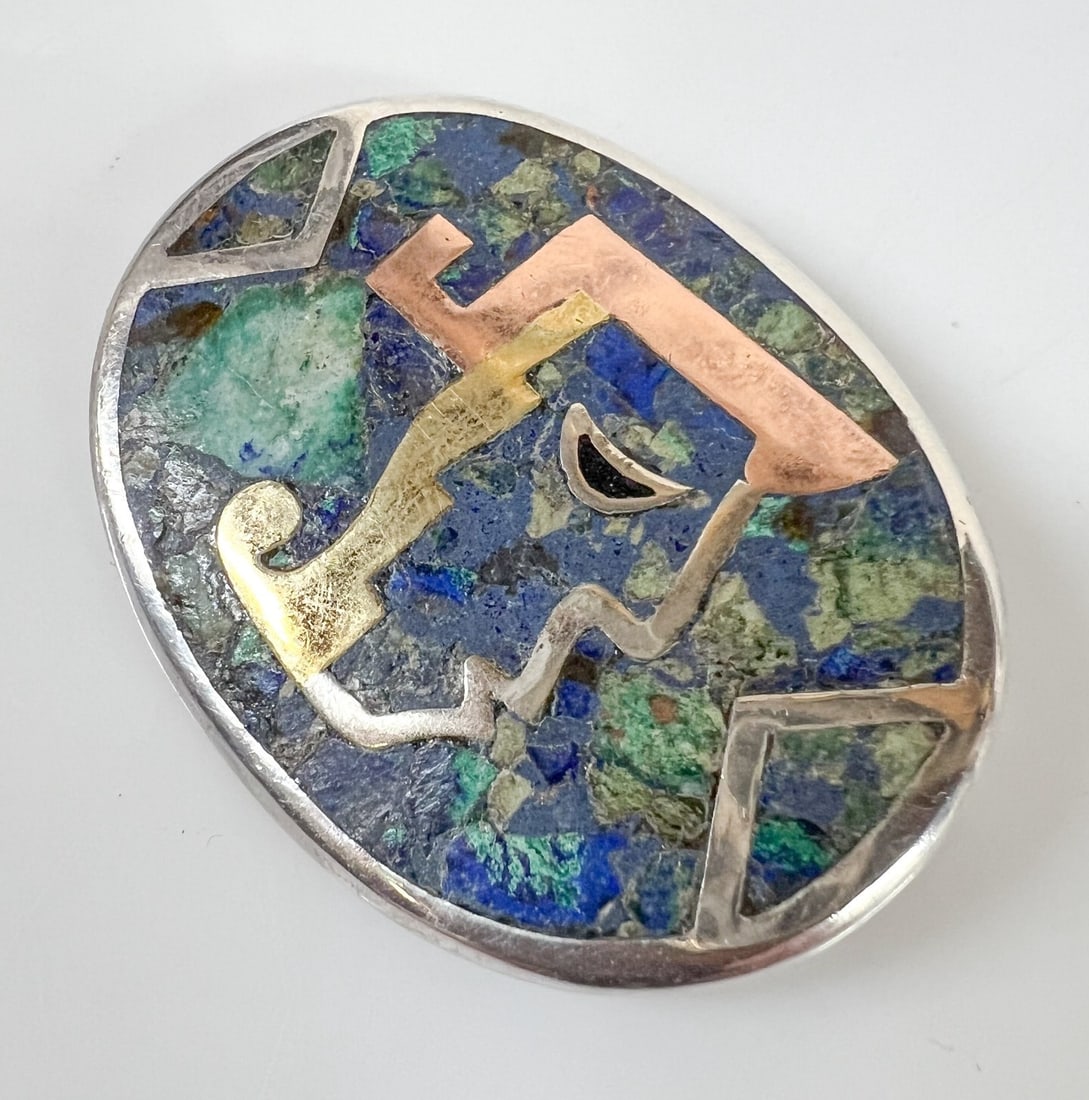 Vintage Nestor Taxco Mexican sterling silver Pendant Brooch stone mosaic c1960: Vintage Nestor Taxco Mexican sterling silver combination pendant / brooch featuring mixed metals crushed stone mosaic inlay. Makers mark and marked 925 and sterling. Measurements: Approx. 15 grams; 2 