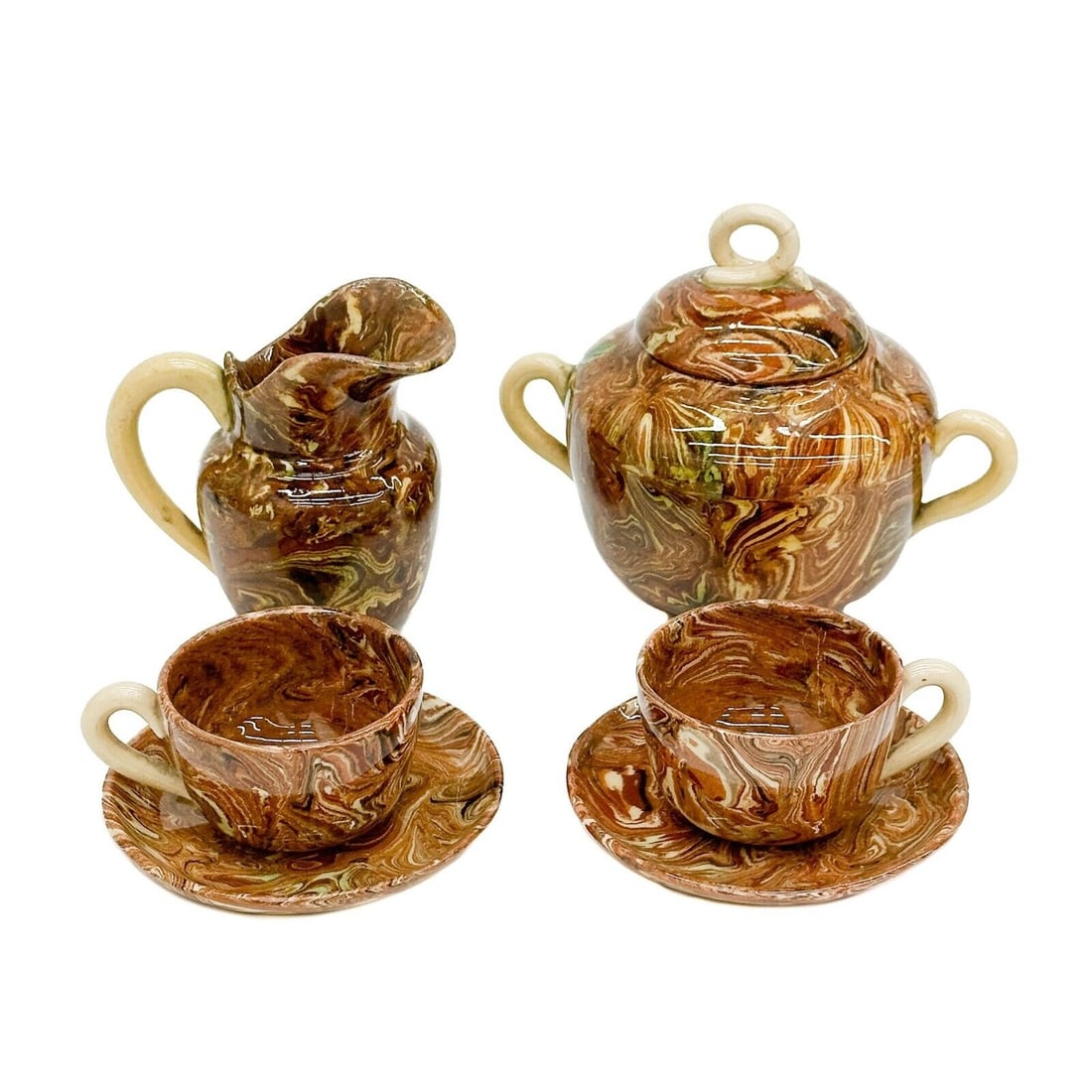 English Agate Ware Porcelain Demitasse Cream Sugar Cup Saucers 19th century (1 of 6)