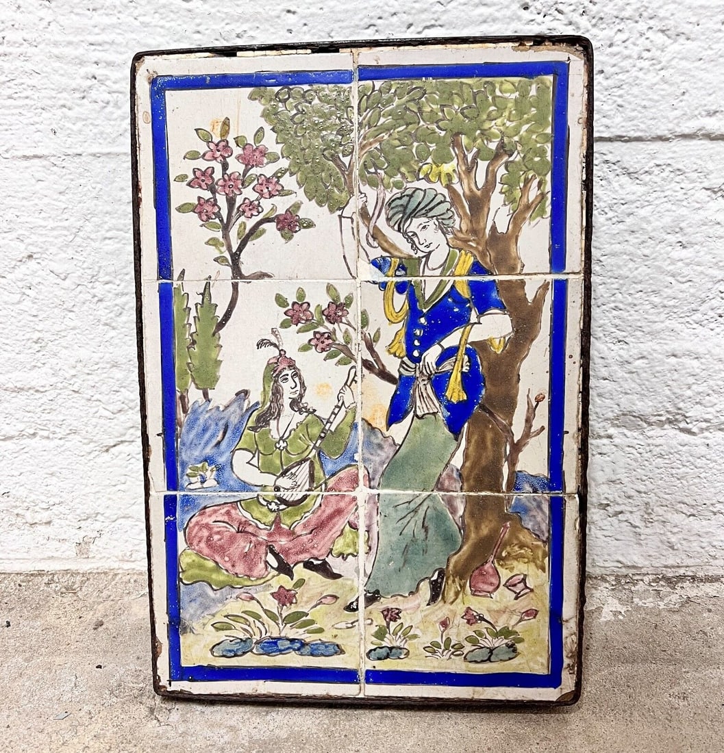 Iran 19th century Six Tile Persian Panel with young couple under a tree: Six Tile Panel with young couple under a tree, Iran 19th century. Glazed tiles mounted within metal form and on wood panel. 20 lbs Measurements: Approx. framed 17.25 x 11.75 x 1.5 inches. each tile 5.