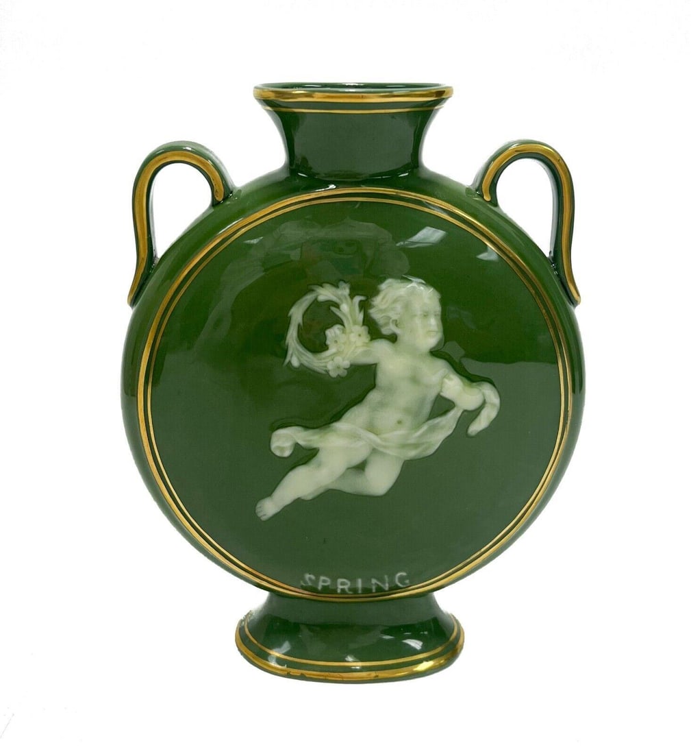 English Pate-sur-Pate Porcelain Twin Handled Moon Flask Vase, circa 1900. Cherub (1 of 8)