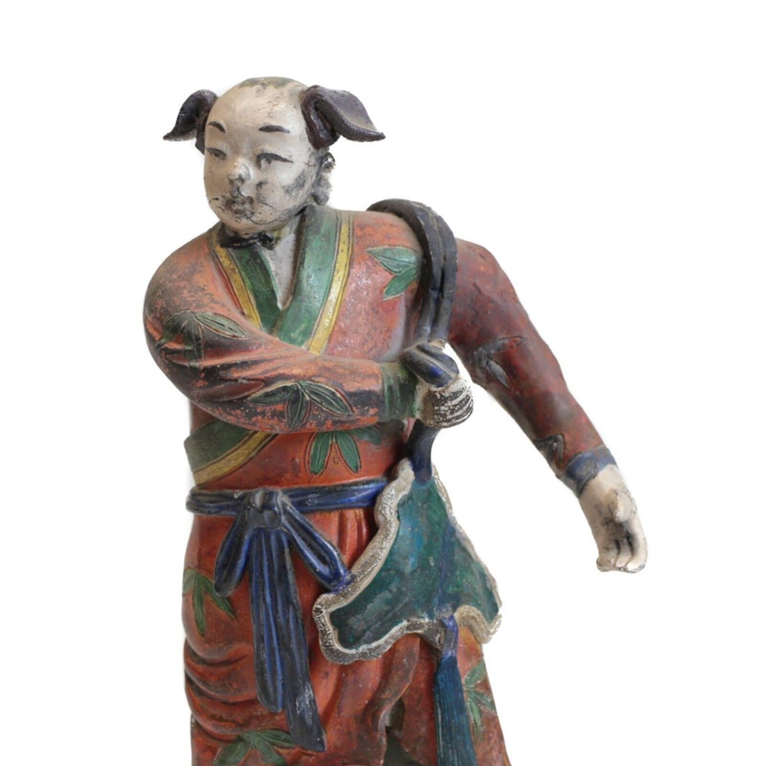 19th c Chinese Polychrome Stucco Roof Figure Character with orange jacket: 19th century Chinese Polychrome Stucco Glazed Roof Figure,Character with orange jacket, green trousers, two buns, holding a green medallion. On metal and acrylic mount. 2.25lbs Measurements: Approx. 8