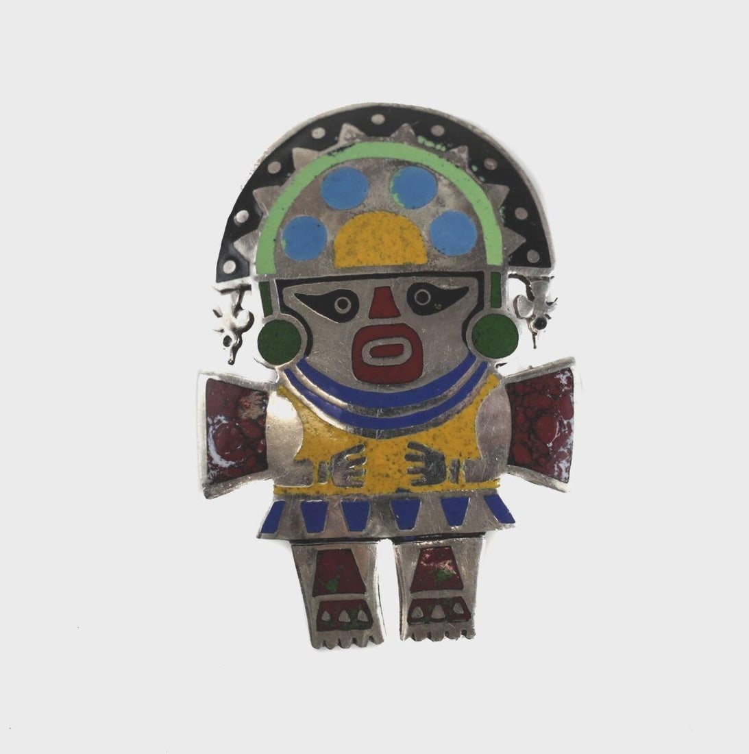 Peru Sterling Silver Multicolored Enamel Inca Chimu figural Brooch Pendant (1 of 2)
