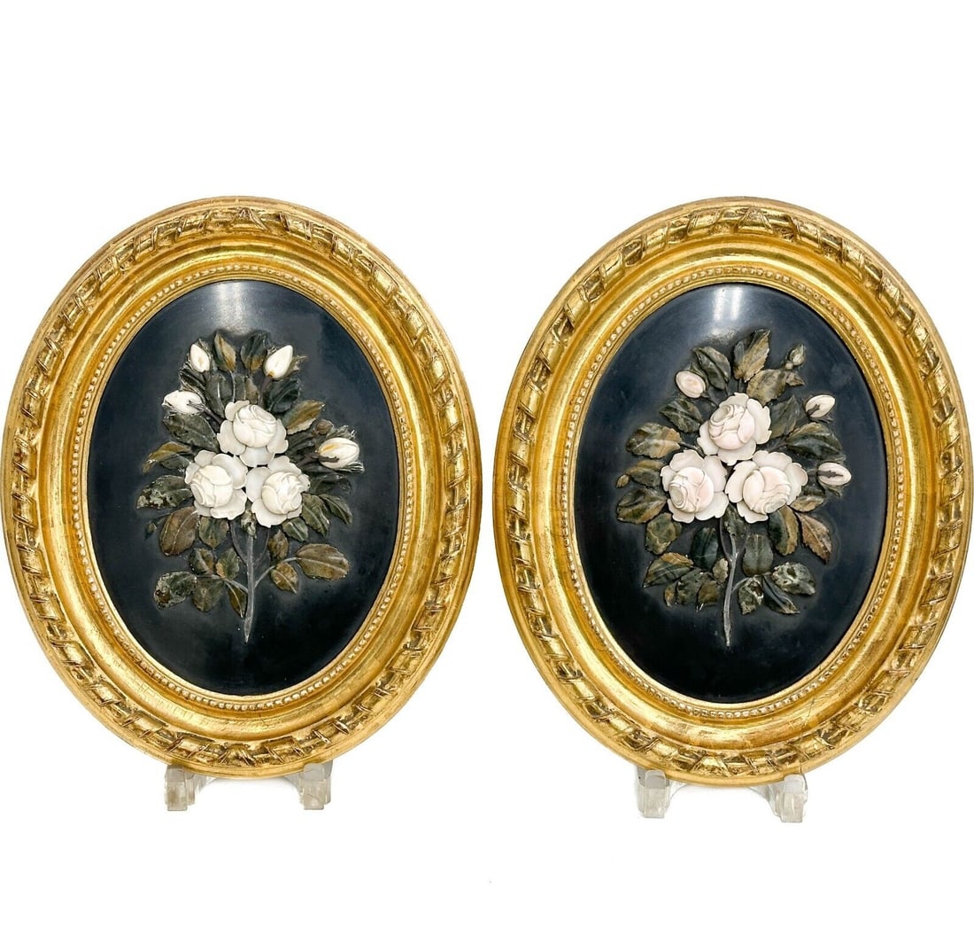 Pair Chinese Relief Carved Hardstone Coral on Onyx Floral Roses Plaques Framed: Pair Chinese Relief Carved Hardstone Floral Plaques Framed, 19th/20th century. Carved stone plaques depicting bouquets of probably coral white roses, miscellaneous other hardstones, onyx plaque. Mount