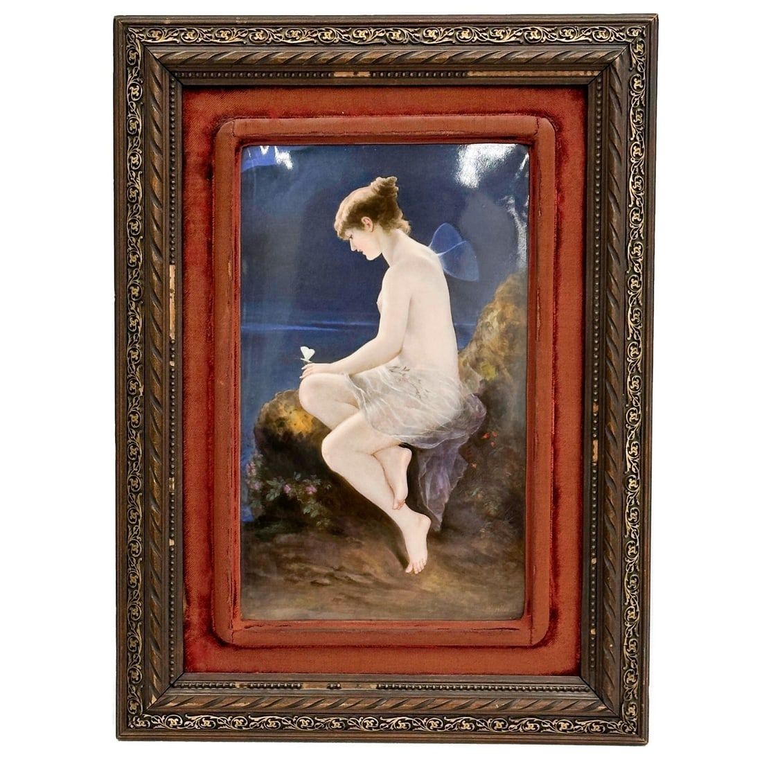 KPM Berlin Hand Painted Porcelain Portrait Plaque Psyche Framed Signed 19th cen: KPM Berlin hand painted porcelain plaque, 19th century. Depicts an image of psyche seated against a blue background. Artist signed "'L. Knoeller" to the lower right. Back with impressed KPM marks, lat