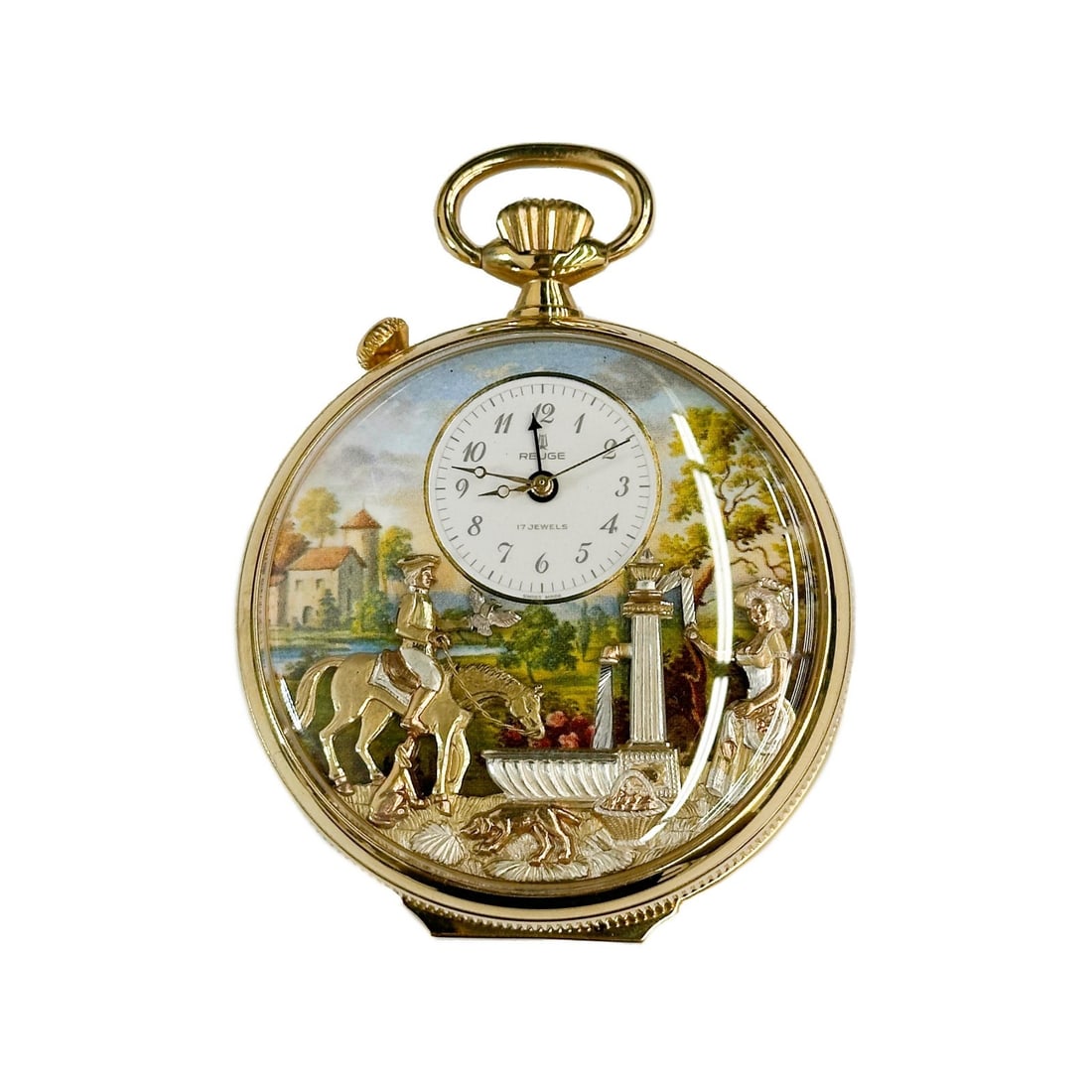 Reuge Swiss Gold Plated Musical Automaton Pocket Watch Huntsmans Rest with Box: Reuge Swiss Romance Gold Plated Musical Automaton Pocket Watch "The Huntsman's Rest." Dial with Arabic numerals, painted background with automaton figures of a lady operating a water pump with moving 