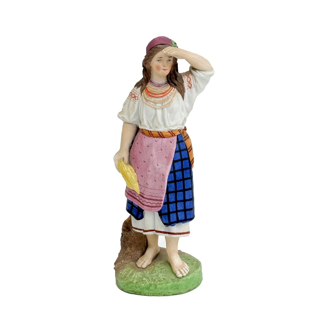 Gardner Russian Hand Painted Porcelain Figurine Woman with Grain circa 1880: Gardner Russian Hand Painted Porcelain Figurine, circa 1880. Depicts a woman holding grain in one arm, other arm shielding her eyes. Underside with Gardner porcelain marks Weight: Approx. 1.5 lb Measu
