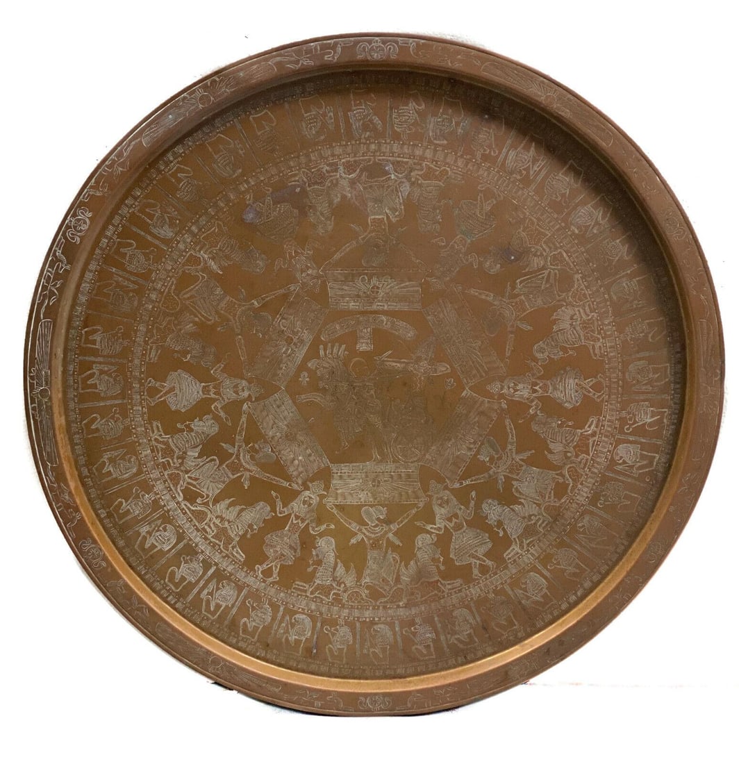 27" Middle Eastern Egyptian Copper and Enamel Centerpiece Tray Platter c.1930 (1 of 5)