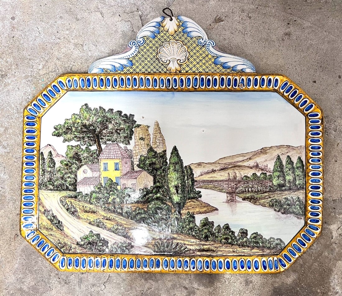 Large Italian Majolica Ceramic Wall Plaque landscape Tuscany (1 of 7)