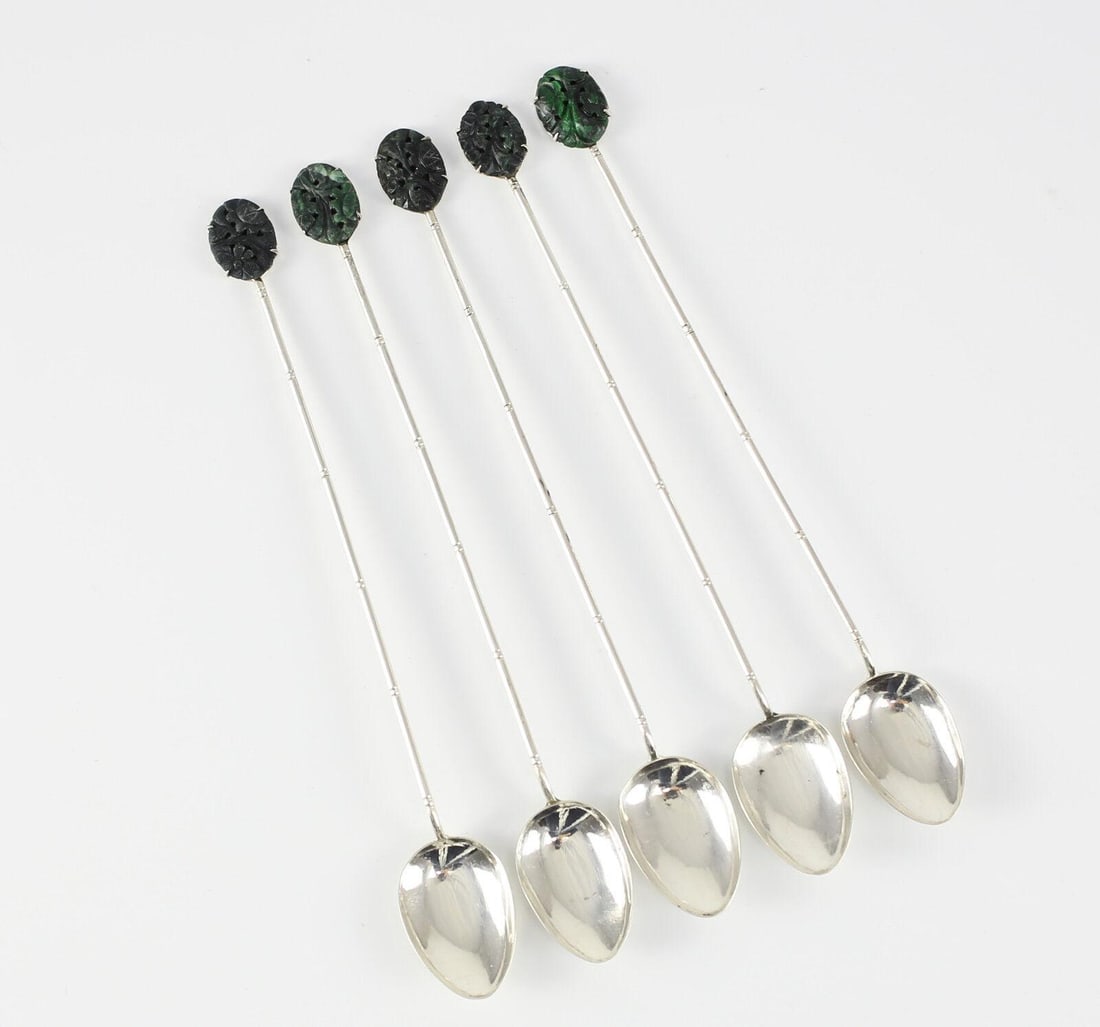 5pc Chinese Jadeite Hand Carved Cabochons & Silver Iced Tea Spoons, 20th Century (1 of 4)