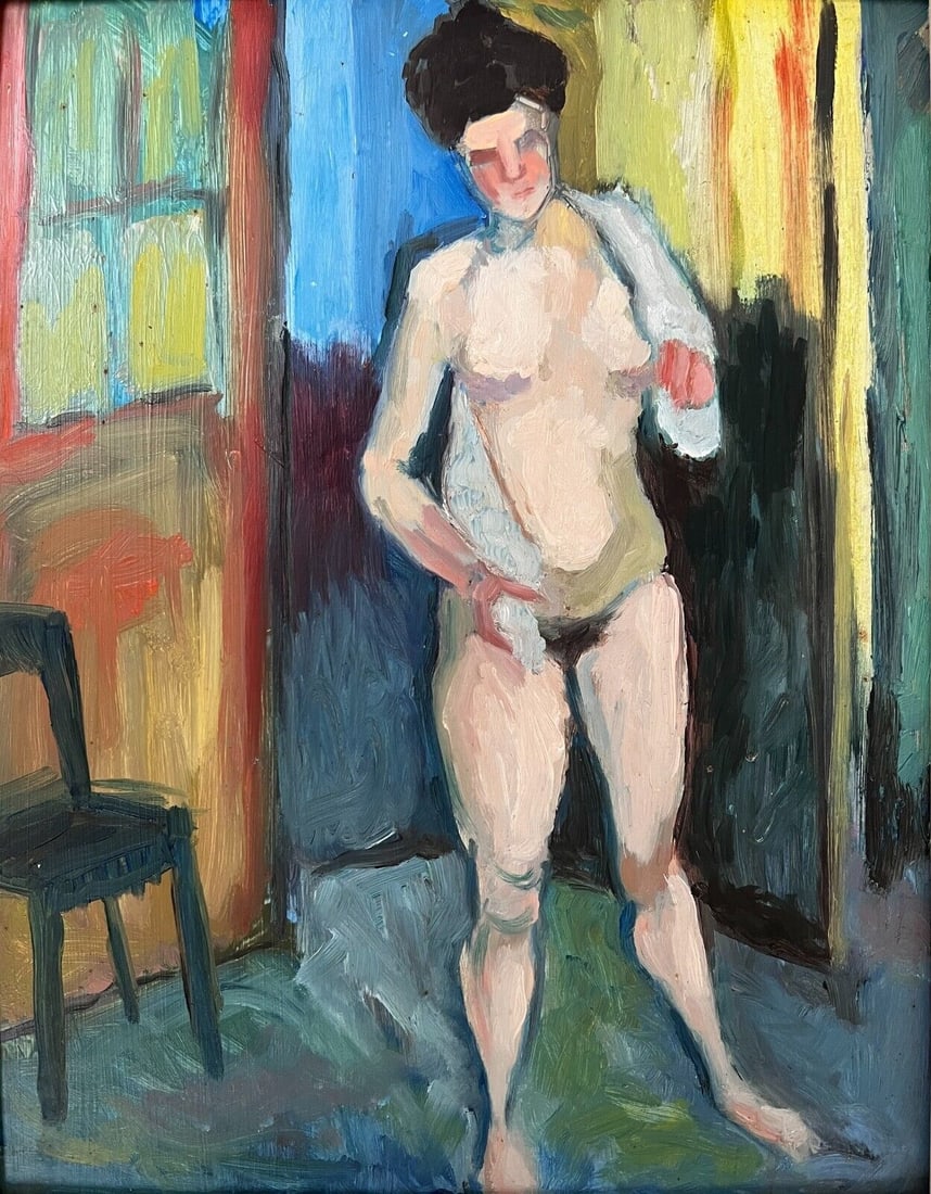 Oil painting on masonite, nude figure in room, unsigned (1 of 4)