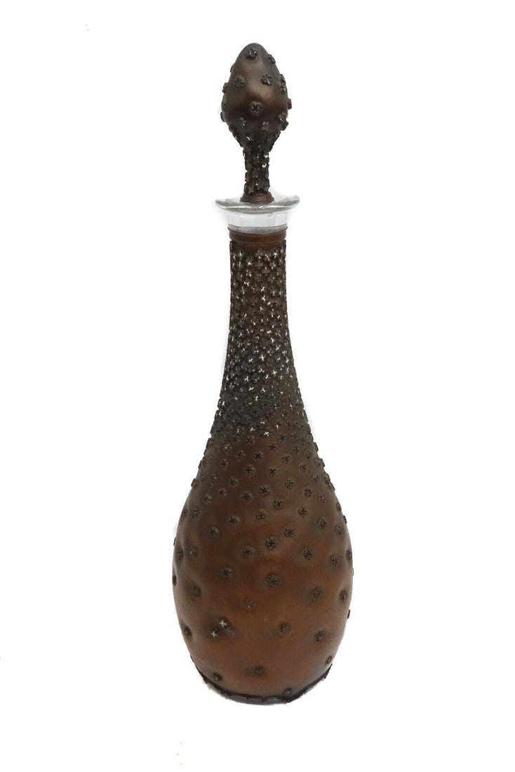 Michael M. Glancy (US 20th C) and Baccarat France Copper Overlay Glass Decanter: Michael M. Glancy (American 20th C) and Baccarat France copper overlay glass decanter, 1988. Copper overlay with molded glass crosses scattered throughout the neck and stopper. Incised "MG" mark to un