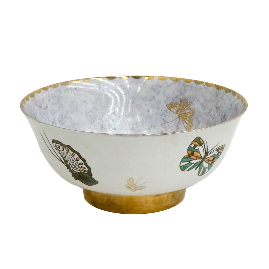 Wedgwood England Butterfly Lustre Porcelain Bone China Bowl circa 1990: Wedgwood England Butterfly Lustre Porcelain Bowl, circa 1990. Opalescent exterior, mottled light purple and blue interior. Unusual matte lustre interior. Decorated with gilt insects throughout. Unders