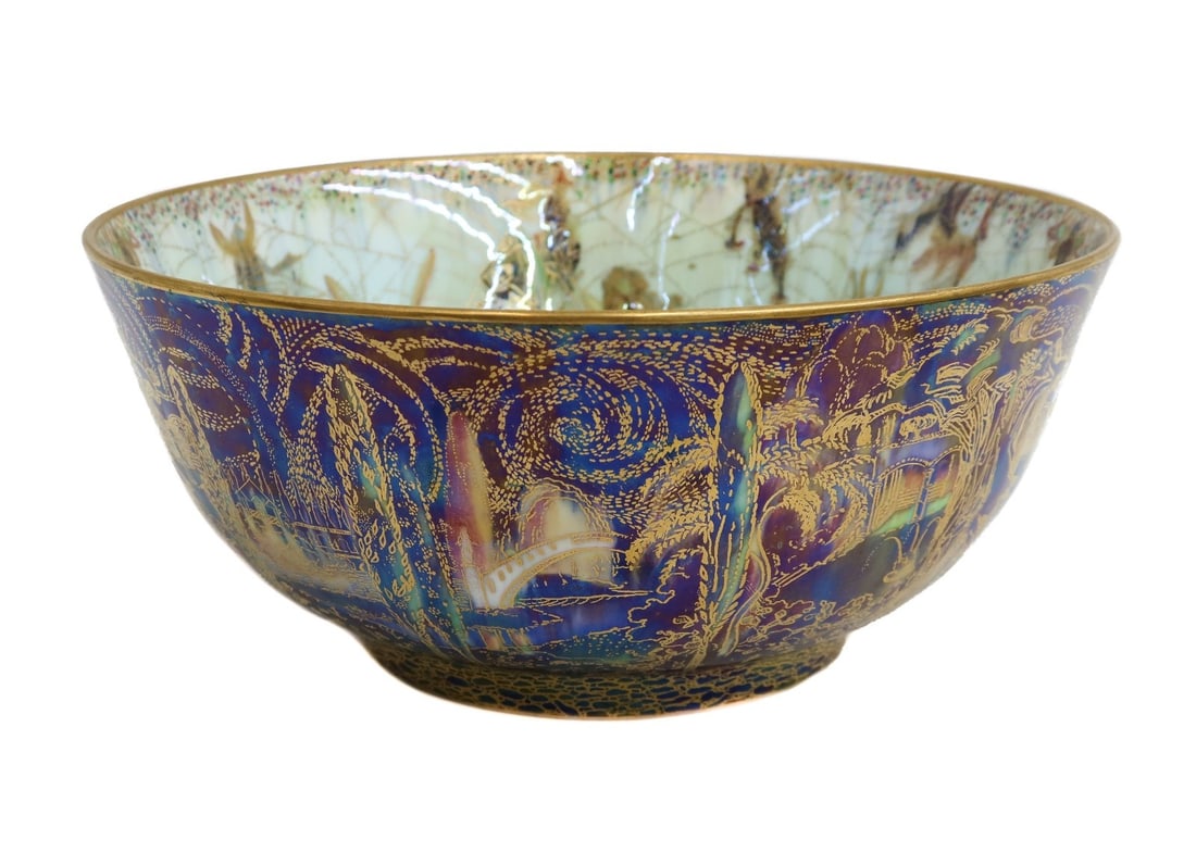 Wedgwood Fairyland Lustre Porcelain Poplar Tree Imperial Bowl Daisy Makeig Jones: Wedgwood England Fairyland Lustre Porcelain Poplar Tree Bowl, circa 1925. The exterior features the Poplar Tree pattern with Elves and Bell Branch pattern to interior. Gilt accents throughout. Wedgwoo
