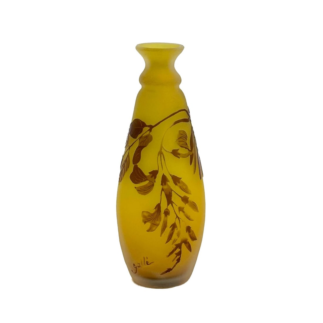 Emile Galle Acid Etched Cameo Art Glass 5in Vase Yellow Brown Florals c1900 (1 of 7)
