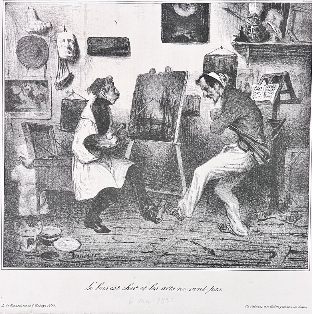 Honore Daumier Lithograph Le bois est cher et les arts ne vont pas 1833: Honore Duamier (France 1808-1879) Lithograph on paper, news print on reverse. 'Le bois est cher et les arts ne vont pas.' published Le Charivari, May 6, 1833. Signed in plate, 'Daumier.' 'GL' collecto