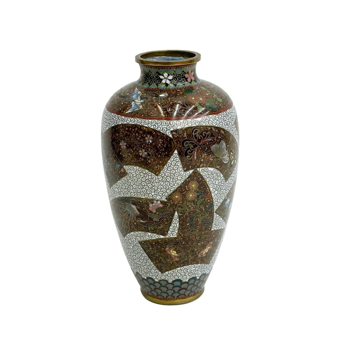 Japanese Cloisonne Enamel Bronze Vase Fans Goldstone Meiji Period: Japanese Cloisonne Enamel Bronze Vase, Meiji period. Enamel with goldstone decoration of fans and birds. Weight: Approx. 1 lb Measurements: Approx. 3.75 inches diameter x 7.25 inches tall Condition: G