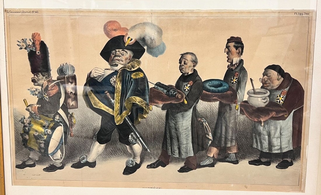Honore Daumier (1808-1879) Hand Colored Lithograph Cortege du Commander General: Honore Daumier (1808-1879) Hand Colored Lithograph on paper, Cortege du Commander General des apothecars, Prince Lancelot de Tricanule, at his entrance to the House of Peers. Published in la Caricatur
