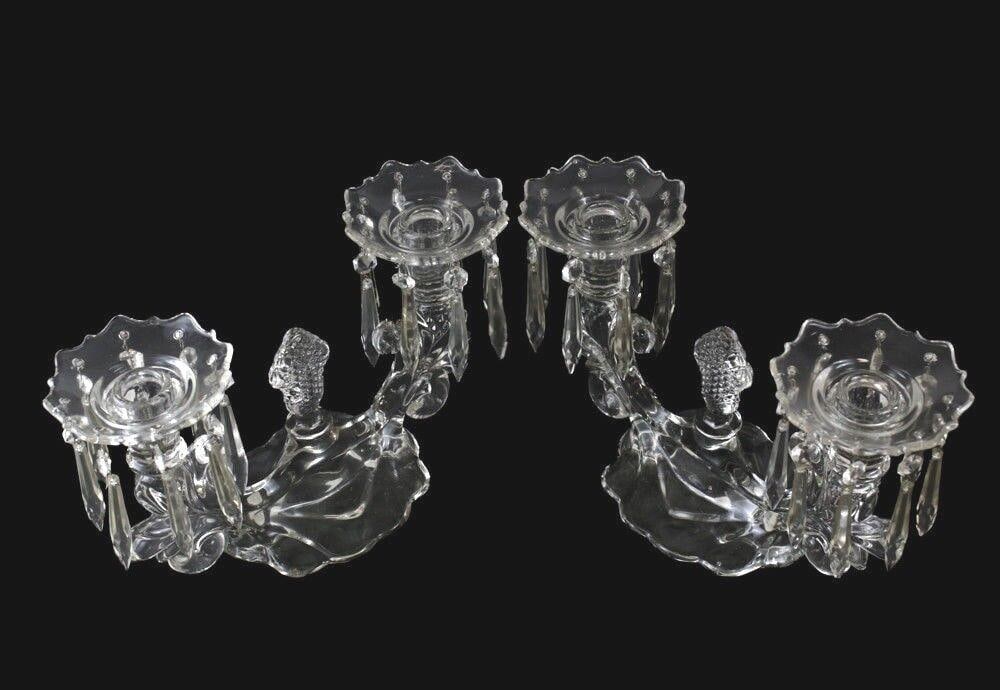 Pair of 2-branch Centerpiece Candelabra 8 faceted prisms removeable boubeche (1 of 6)