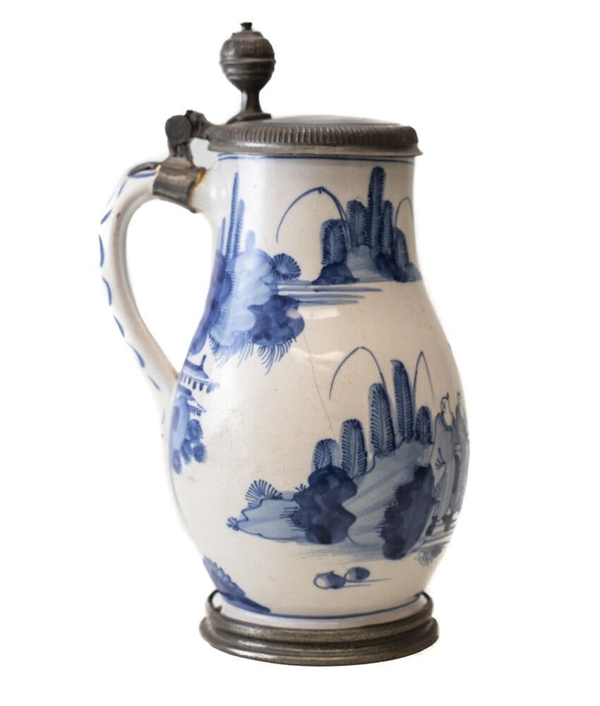 Pewter mounted German Faience Tankard 1750s blue and white painted chinoisorie (1 of 6)