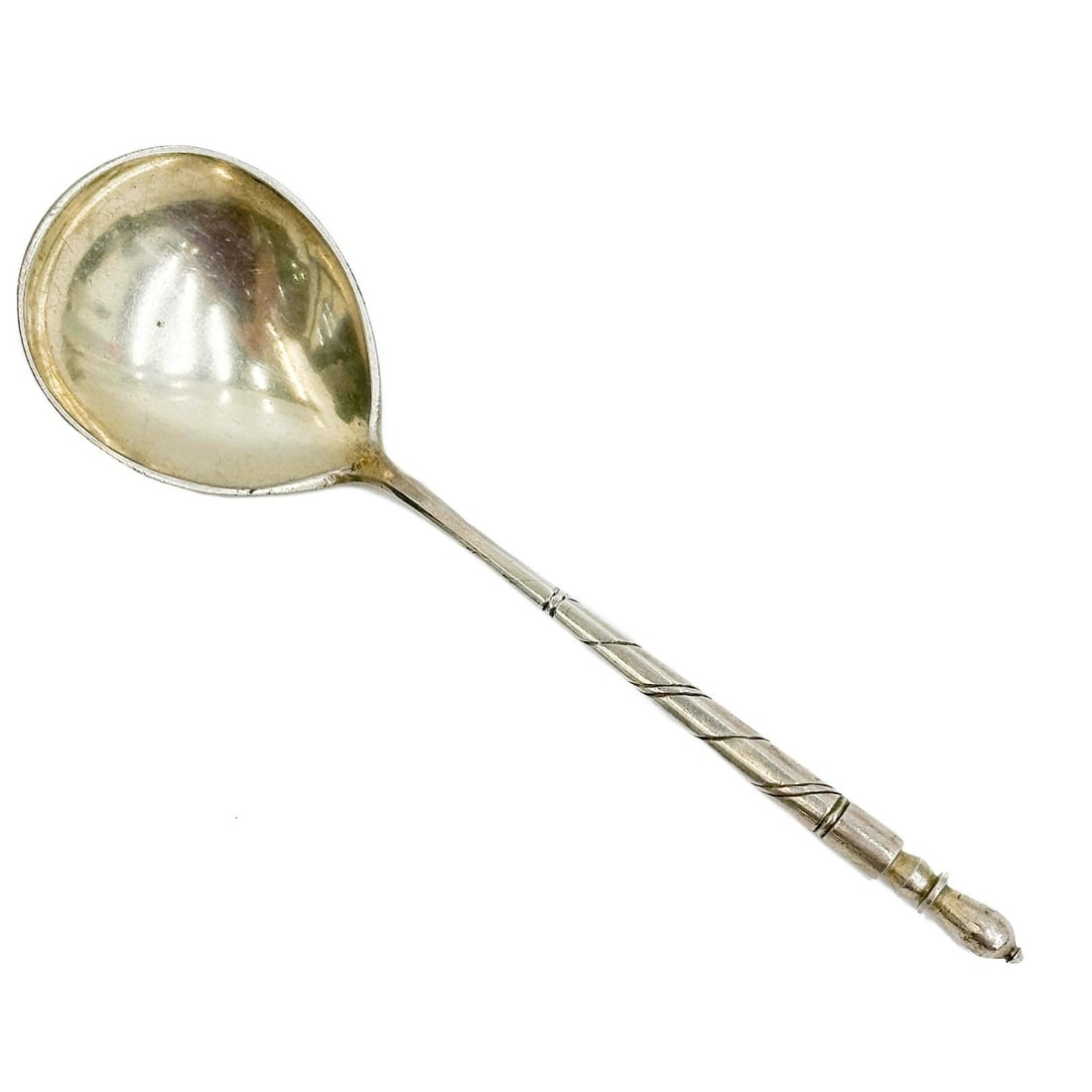 S Stroganov Russian Gilt 84 Silver 7.25 in Spoon 1852: S. Stroganov Russian Gilt 84 Silver Spoon. Twisted handle, ornate foliate engraving to back of bowl. Edge of handle with maker's mark for S. Stroganov, Moscow assay mark for Andrey Antonovich Kovalsky