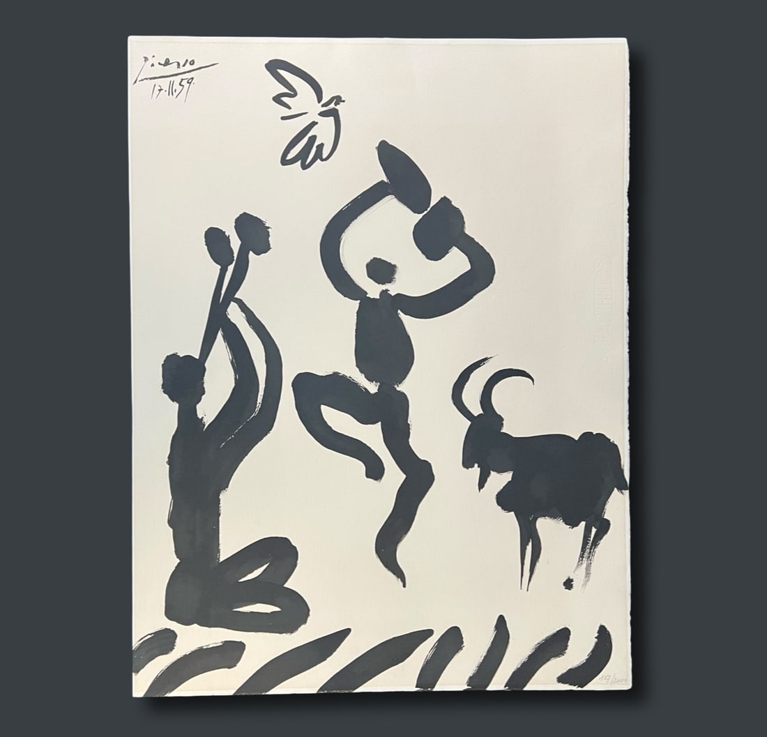 after Pablo Picasso La Danse du Berger 1959 Lithograph: After Pablo Picasso (Spanish 1881-1973) "La Danse du Berger" (The Shepherd's Dance) Limited Edition Lithograph after the original pen and ink drawing, signed and dated in plate 1959, on Arches paper. 