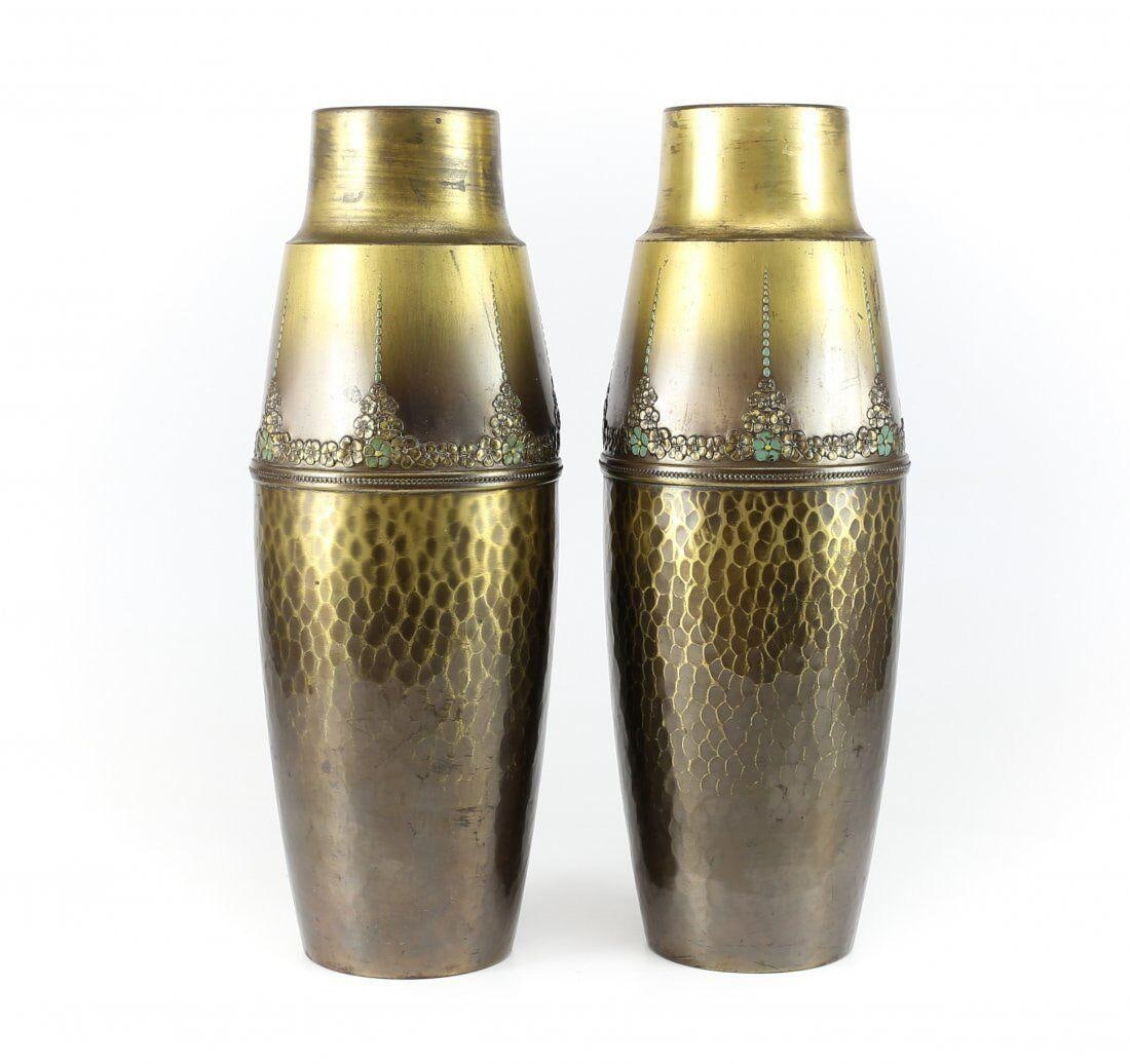 Pair of WMF Arts & Crafts Hand Painted Enameled Brass Vases 19th Century: Pair of WMF Arts & Crafts Enameled Brass Vases, 19th Century. A matching pair of German hand hammered and patinated brass vases in the arts & crafts style by Wurttembergische Metallwarenfabrik. Dating