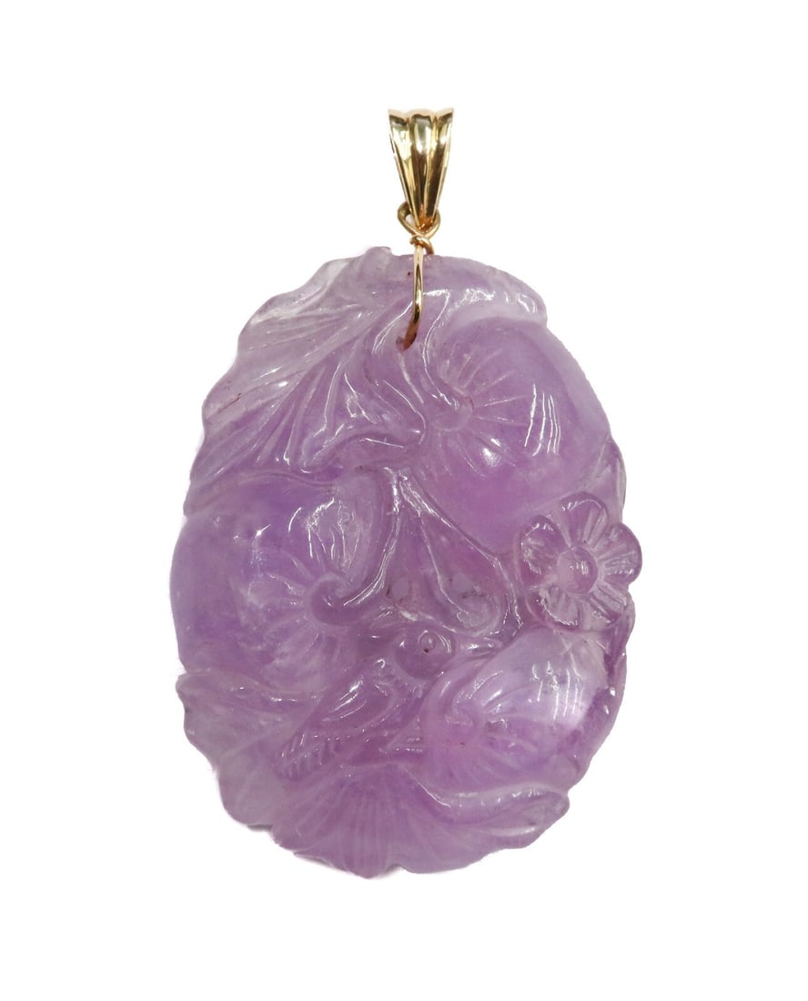 Gump's 14k Yellow Gold Carved Amethyst Necklace Pendant Leaves Birds Shells (1 of 7)
