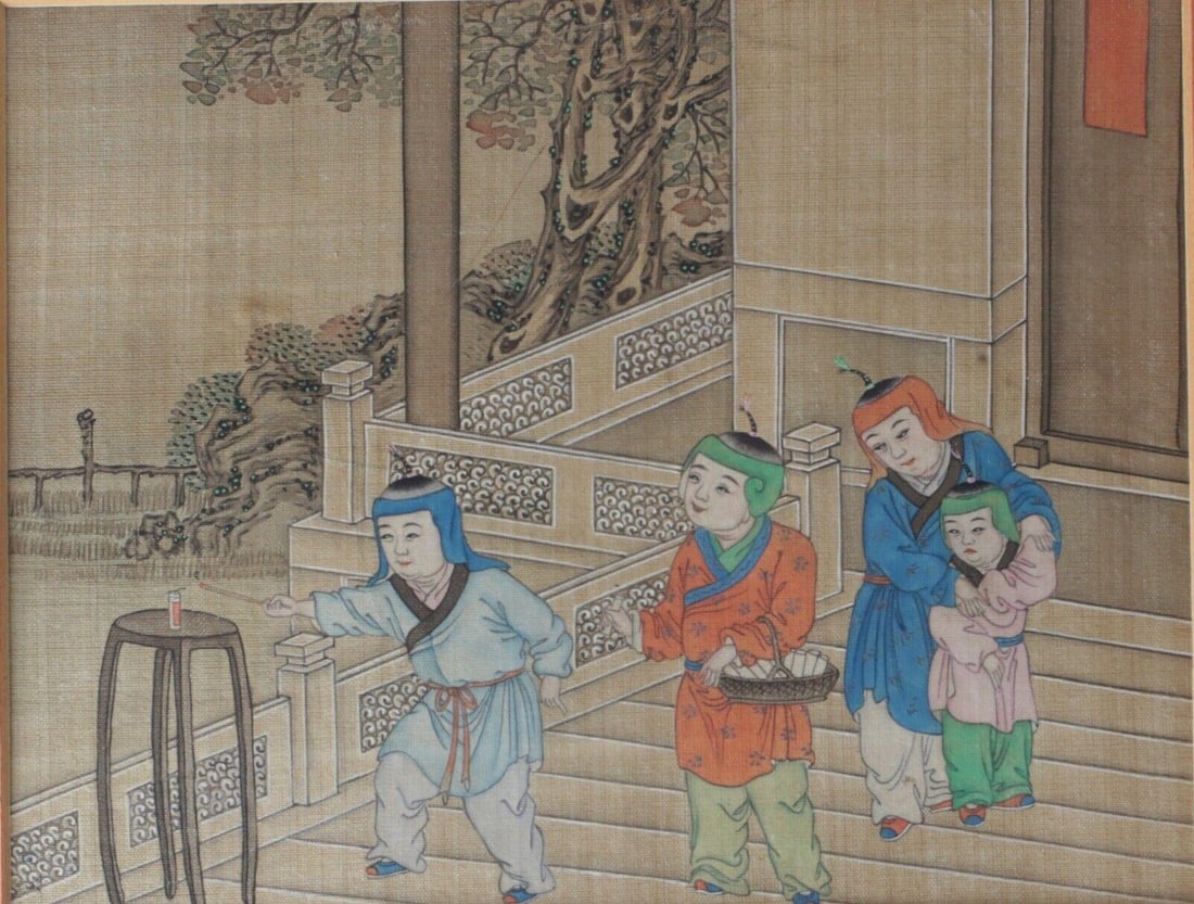 Vintage Chinese Gouache painting on silk, boy lighting fire cracker: Chinese Gouache painting on silk, charming scene of a boy lighting fire cracker while others watch with mixed emotions - on an outdoor veranda. Mat and gilt wood frame, glazed. (BF4) Measurements: App