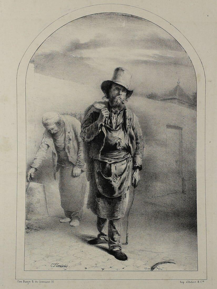 Charles Joseph Travies Swiss 1804 – 1859 Lithograph Physionomie No. 5: Travies, Charles Joseph (Swiss, 1804 – 1859) Black and White Lithograph on wove paper. From Physionomie De Paris Plate No. 5 "Le Chiffonnier Je n'aime pas L'Auteur qui a dit: IL est defendu de depos