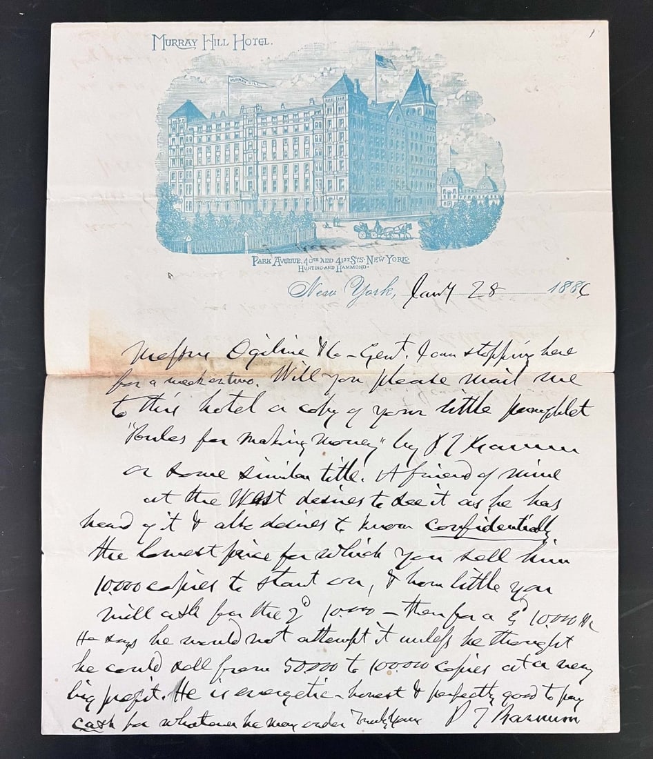 Phineas Taylor PT Barnum Handwritten autographed letter 1886 to JS Ogilvie (1 of 4)