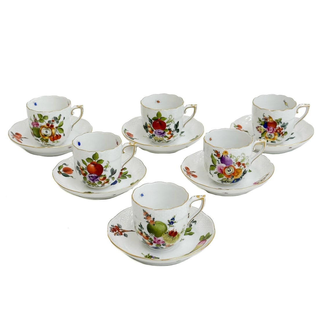 6 Herend Hungary Fruits & Flowers Porcelain Demitasse Cup & Saucers 709 BFR (1 of 7)