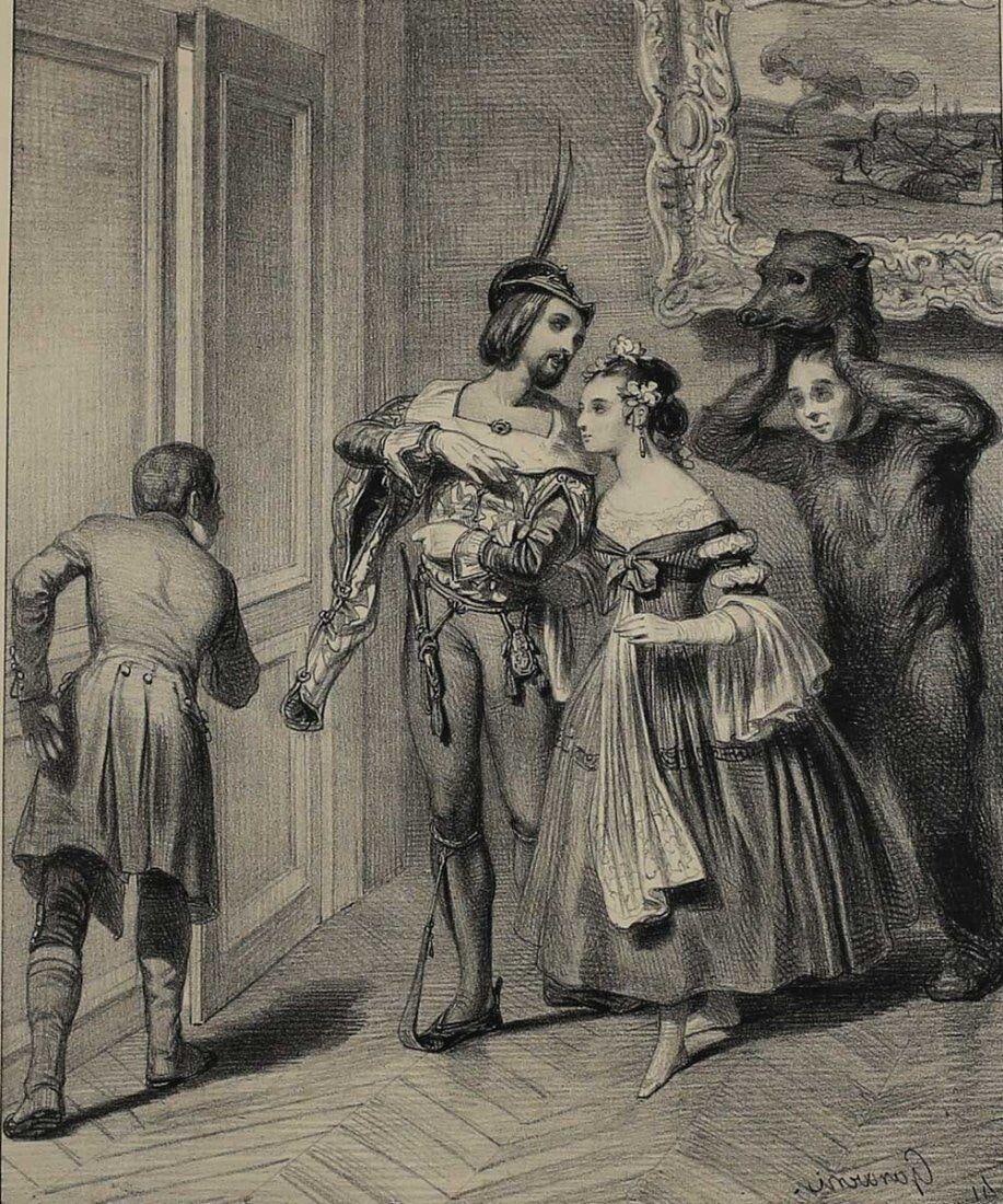 Paul Gavarni French 1804 - 1866 Lithograph Souvenirs de Carnaval No. 1: Gavarni, Paul (French 1804-1866 "L'Entree au Bal". Black and White Lithograph on wove paper. From Souvenirs de Carnaval No. 1. Full text: "Ne perdez pas la tete mon cher!" (Do not lose my dear head!) 