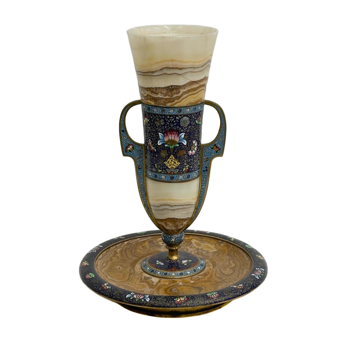 French Marble Onyx Bronze & Champleve Enamel Vase or Urn with Base c1900 (1 of 9)