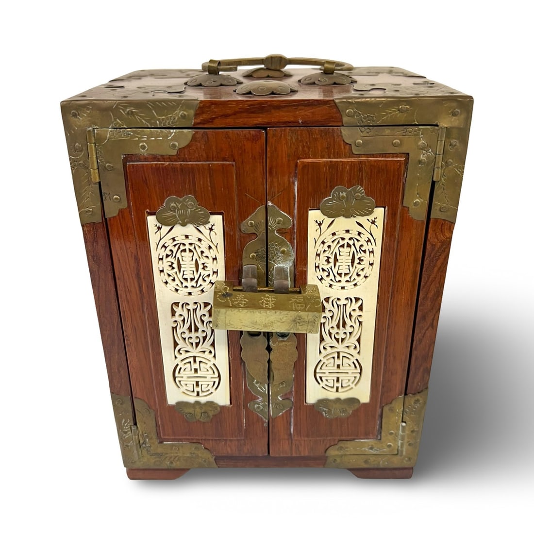 Vintage Chinese Rosewood bone brass mounted Dresser jewelry box with lock: Vintage Chinese Rosewood, carved bone and brass mounted jewelry storage box; three small interior drawers lined with silk fabric. Sliding lock with key. c mid century Measurements: Approx. 5.625 x 4.3