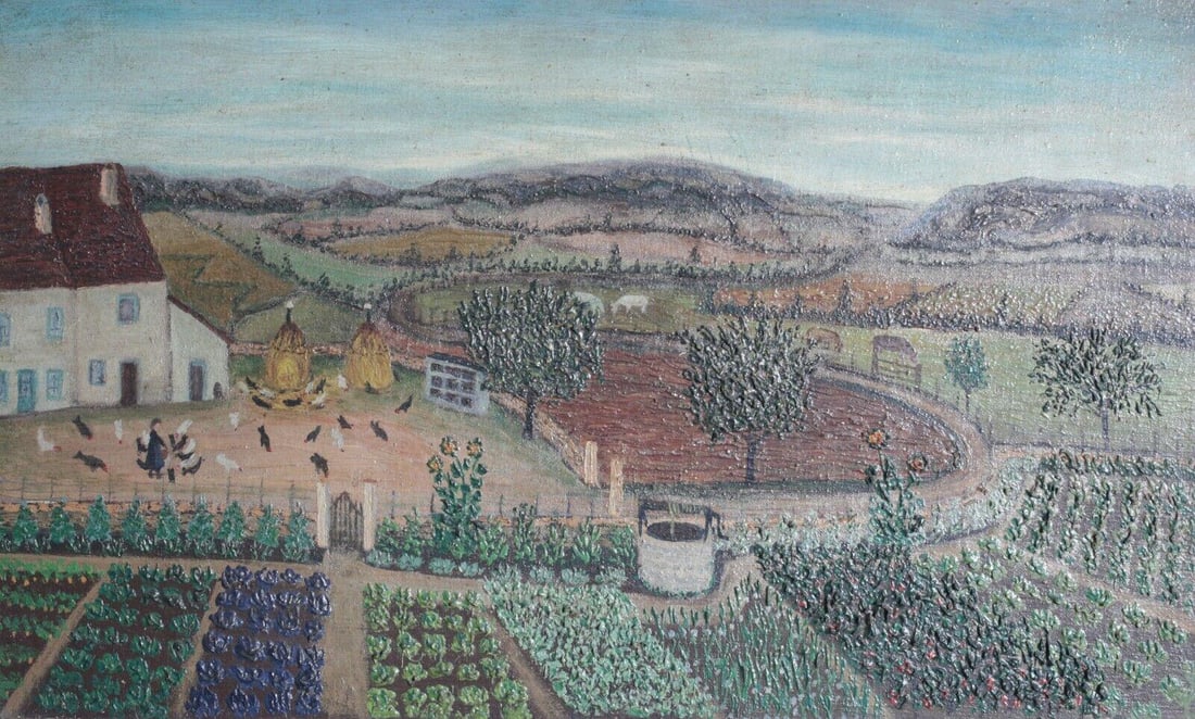 Jean Busquets (French 1895-1962) Oil painting Vineyard Landscape, early work: Jean Busquets (French 1895-1962) Oil painting on canvas, Early painting, idyllic vineyard / pastoral landscape, folk / naive style in thickly applied paint; unsigned. Canvas painted on reverse side. I