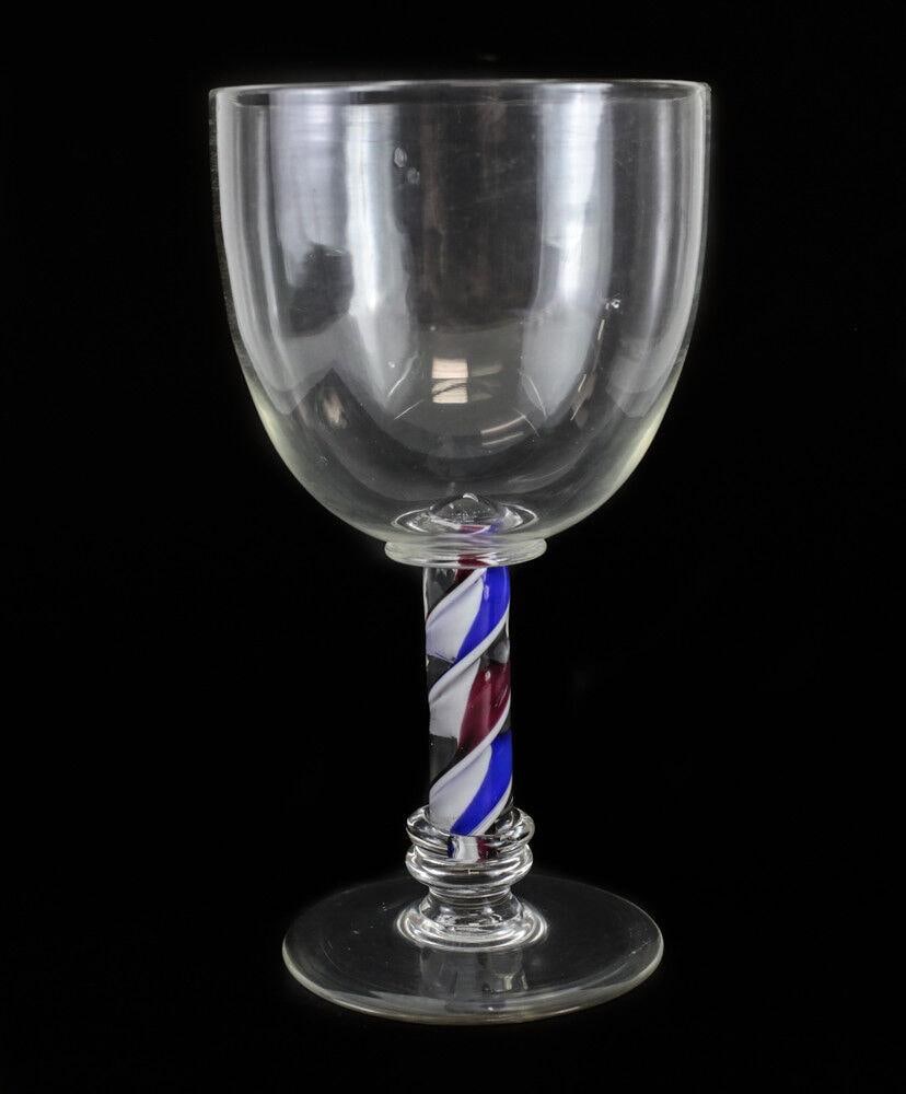 Italian Art Glass Goblet, circa 1940. Red White and Blue Twisted Stem (1 of 3)