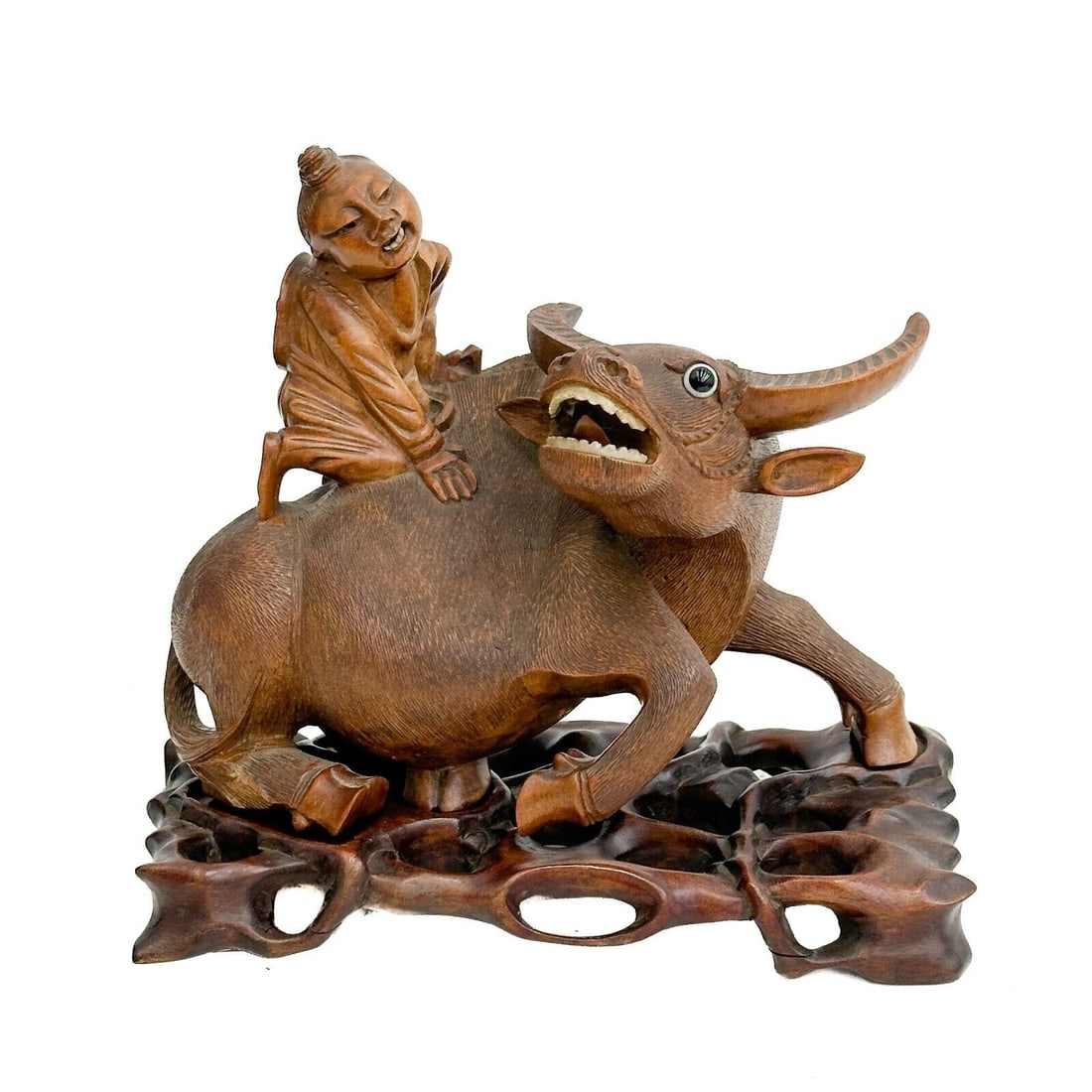 Chinese carved Wood Figurine Bull Rider on Stand circa 1900: Chinese carved Wood Figurine Bull Rider on Stand, circa 1900. Depicts a rider on top of a bull. Bull with glass eyes. On a removable wood base. Weight: Approx. 2 lbs Measurements: Approx. 8.5 inches x