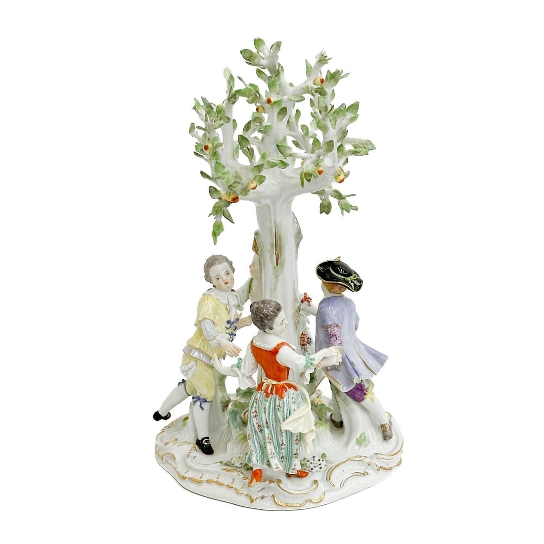 Meissen Germany Painted Porcelain Figural Group Ring Around the Rosie Tree c1910: Meissen Germany Hand Painted Porcelain Figural Group Ring around the rosie, circa 1910. Depicts four figures dancing around a tree. Underside with Meissen crossed swords mark. Weight: Approx. 5 lbs Me