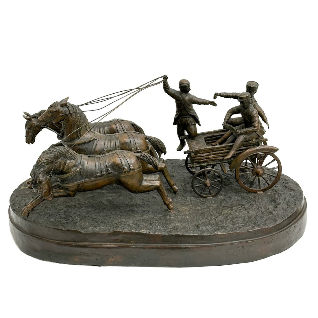 Russian Bronze Large Sculpture Men in Horse Drawn Wagon 20th century: Russian Bronze Large Sculpture Men in Horse Drawn Wagon, 20th century. Depicts a trip of horses pulling a wagon holding three men. After a model by Woerffel Weight: Approx. 70 lbs Measurements: Approx