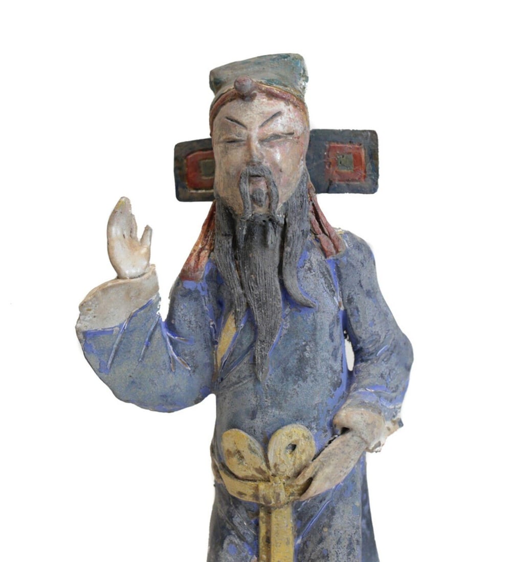 19th c Chinese Polychrome Stucco Roof Figure Character with blue robe: 19th century Chinese Polychrome Stucco Glazed Roof Figure, Character with blue robe trimmed in white, yellow sash, green headdress. One arm raised. Black beard and sideburns. On metal and acrylic moun