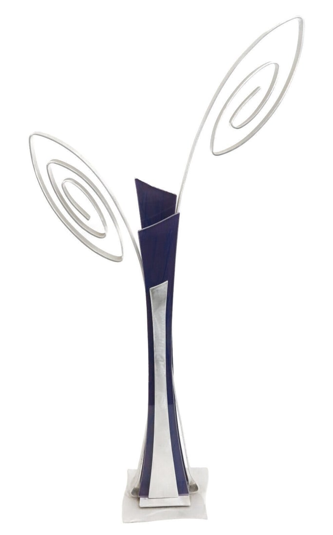 American Modernist Sand Blasted Aluminum Hand Painted Acrylic Sculpture 20th C: American modernist sand blasted aluminum hand painted acrylic sculpture, late 20th Century. Apparently unmarked. Weight: Approx. 6 lbs Measurements: Approx. 19.5 inches x 6.5 inches x 33.5 inches tall