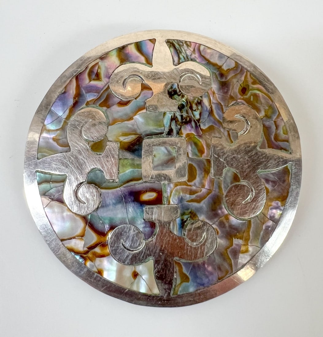 Sterling Silver Mexico Taxco JPM Abalone Inlay Pendant Brooch c1960 (1 of 4)