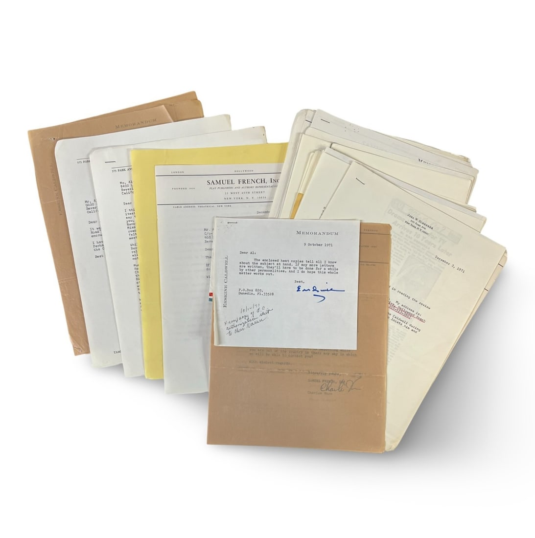 Erskine Caldwell Tobacco Road Collection signed typewritten correspondence c1970: A Collection of signed and unsigned typewritten correspondence plus several duplicates. In reference to Erskine's Tobacco Road, and the possibility of a musical to be produced by Alvin G Manuel, dated