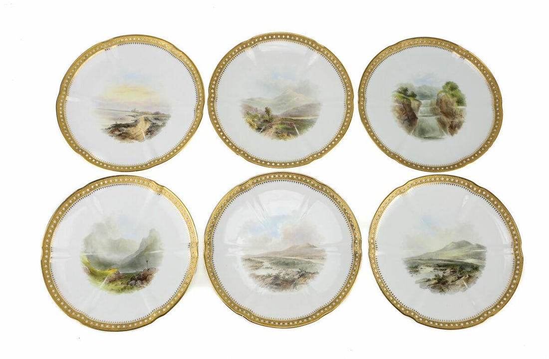 Qty 6 James Green & Nephew Hand Painted Scenic Jeweled Cabinet Plates, 19th C (1 of 10)