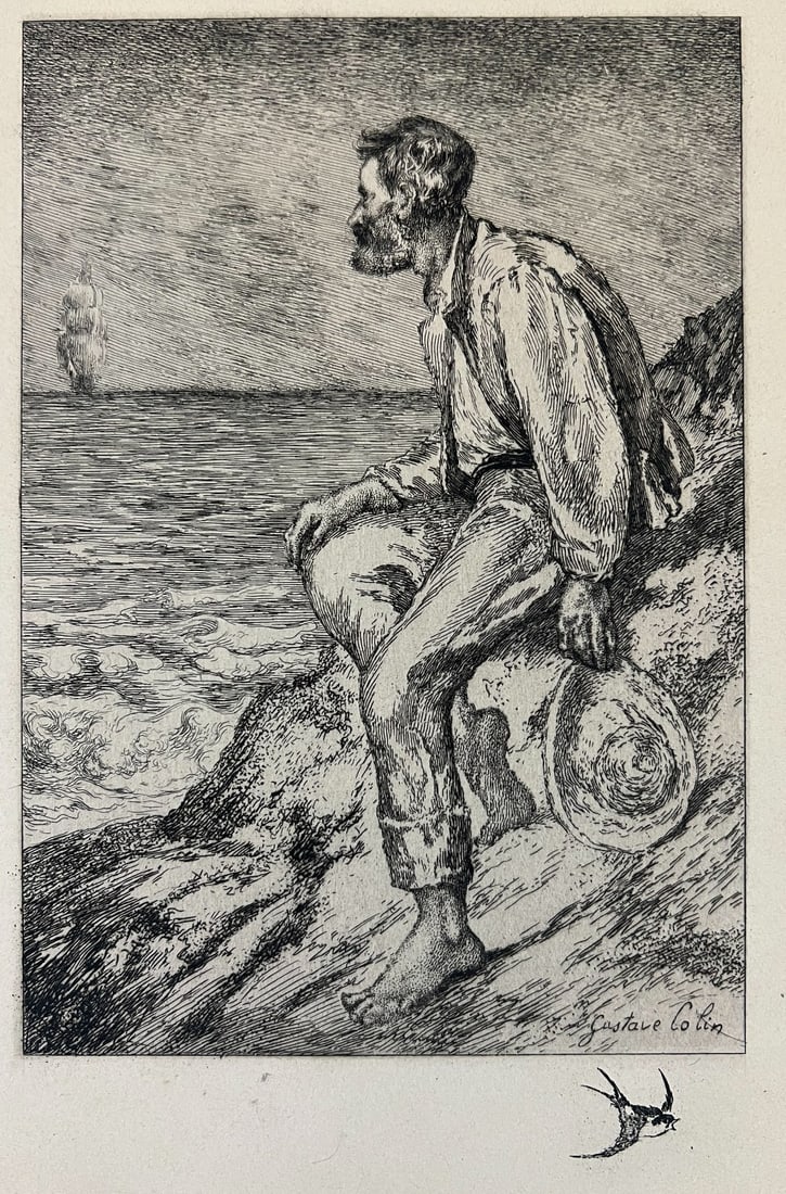 Gustave-Henri Colin Etching man gazing out to sea 19th century: Gustave-Henri Colin (French 1828–1910) Rare Etching on paper, untitled, man seated on shore looking out to sea. Signed lower right in plate. Small swallow in the margin. Unframed. (5/24) Measurement