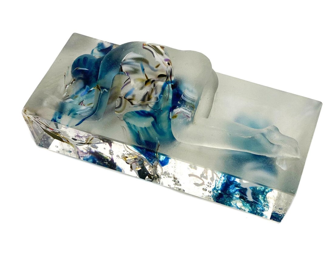 Wendy Taylor Art Glass Frosted Molten Nude Beauty Glass Sculpture, 1989 Signed: Wendy Taylor (United Kingdom 20th Century) art glass molten sculpture, 1989. The sculpture depicts a nude female beauty laying on her side infused with the base from the molten color bursts. Artist si